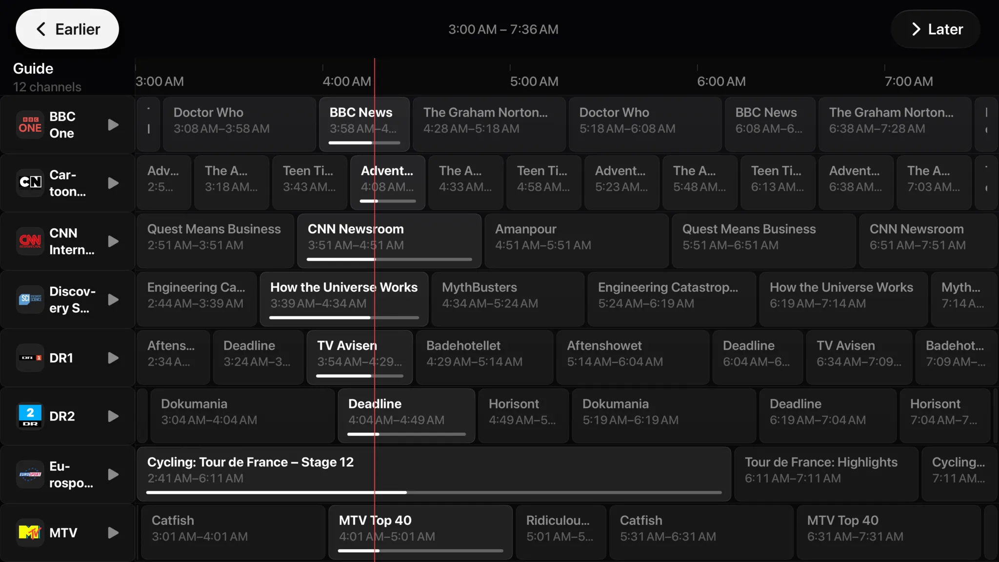 The guide on Apple TV: BBC One, Cartoon Network, CNN International, Discovery Science, DR1, DR2, Eurosport and MTV on a timeline from 3:00 to 7:36 AM, with a red now line and progress bars on what is airing