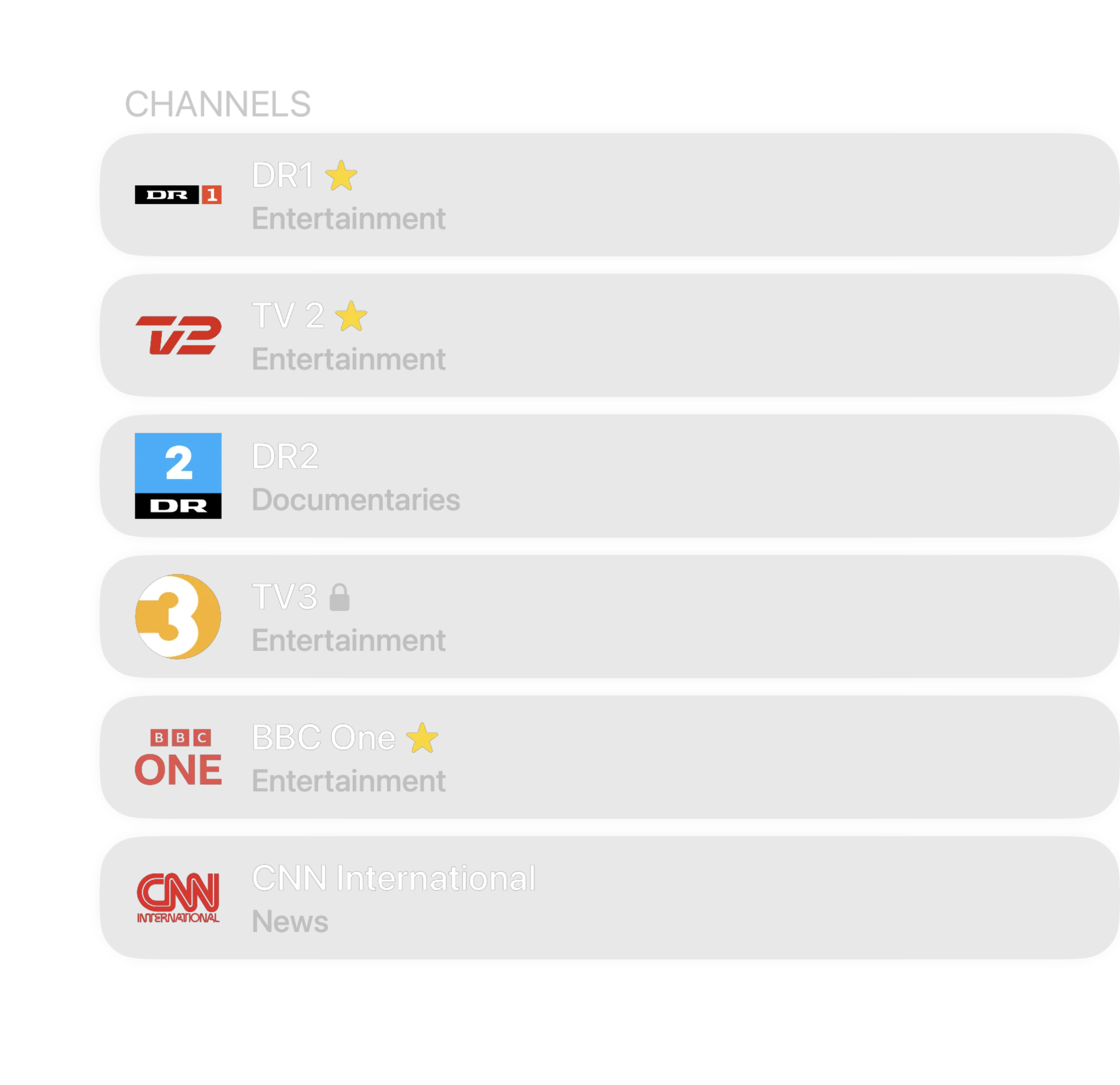 The channel editor: DR1, TV 2, DR2, TV3, BBC One and CNN International, with favorites starred and TV3 locked