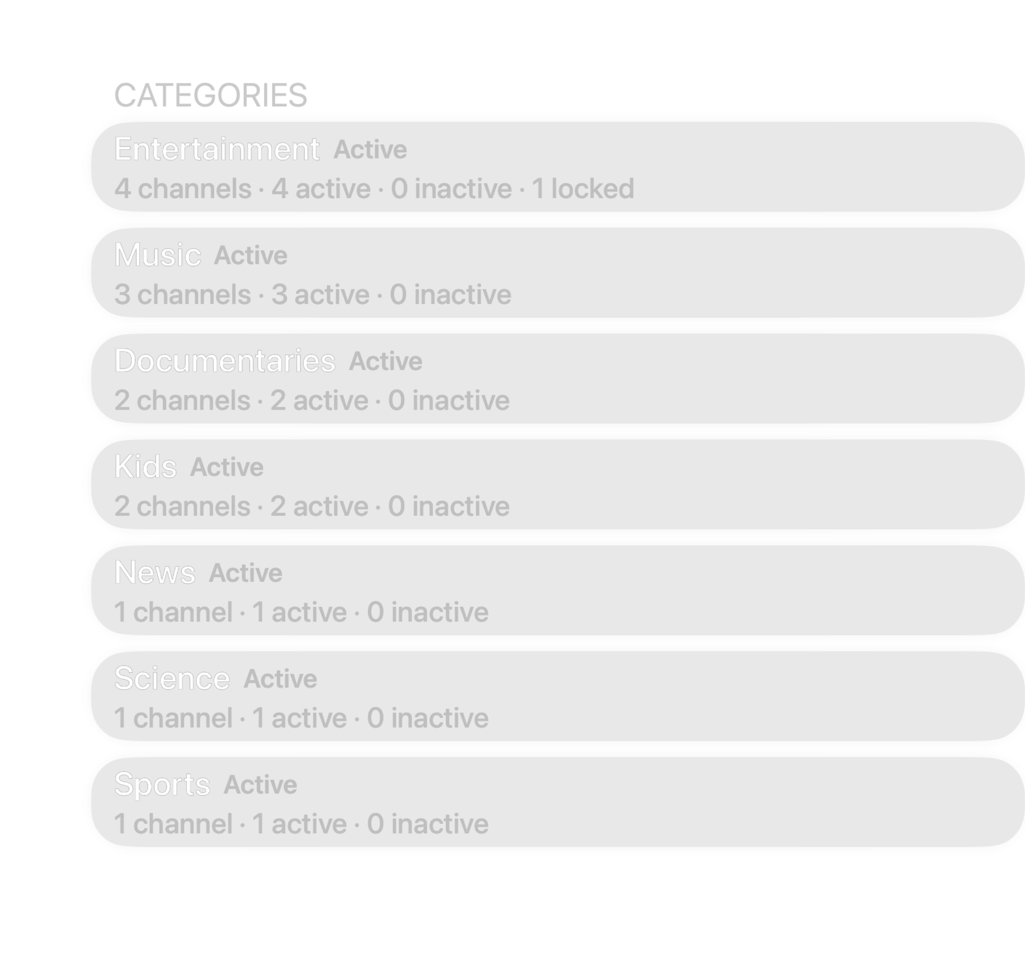 The channel manager's categories: Entertainment, Music, Documentaries, Kids, News, Science and Sports, each with its channel counts, and Kids Active