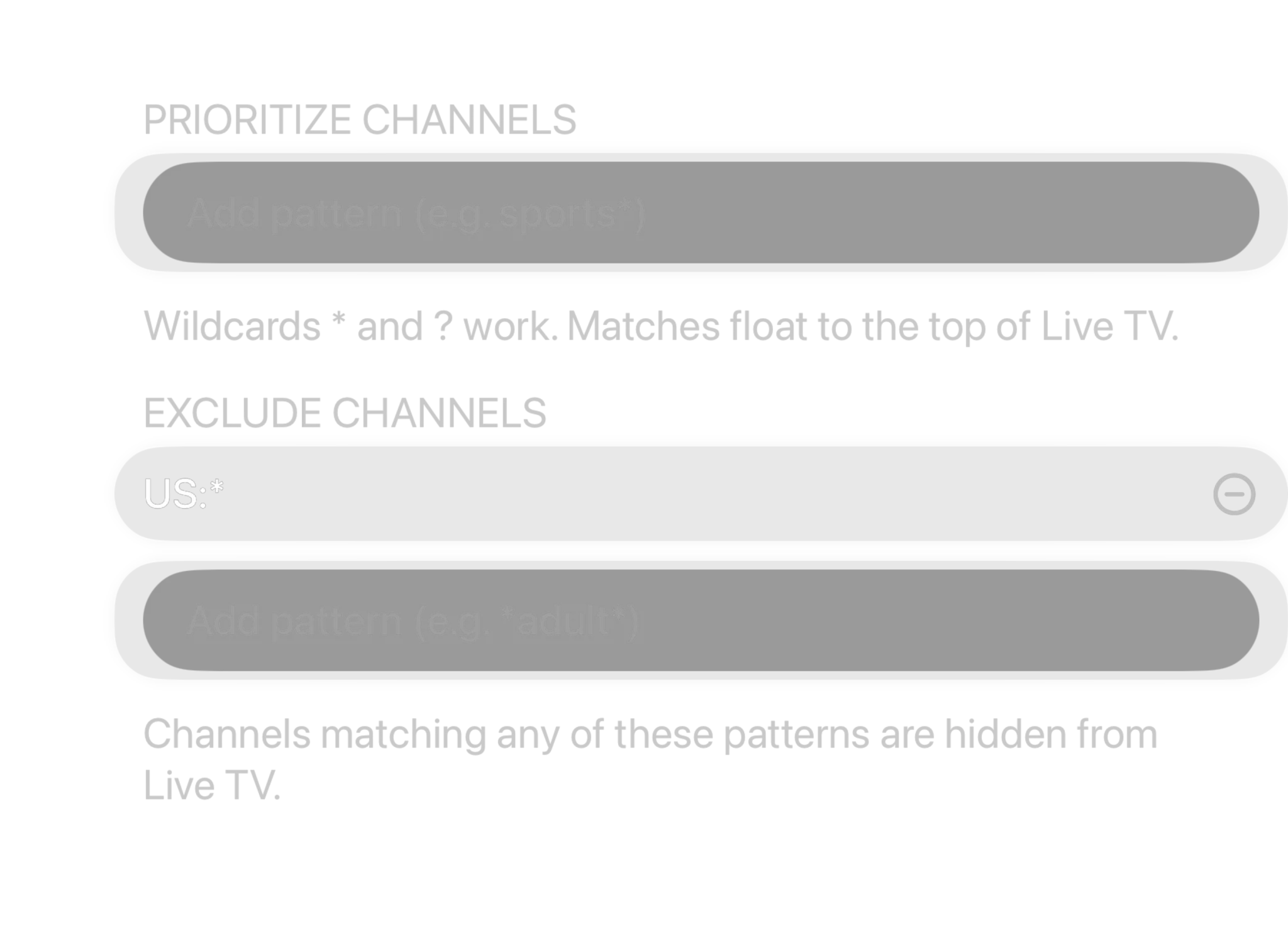 Channel rules: US:* under Exclude Channels, which hides matching channels from Live TV