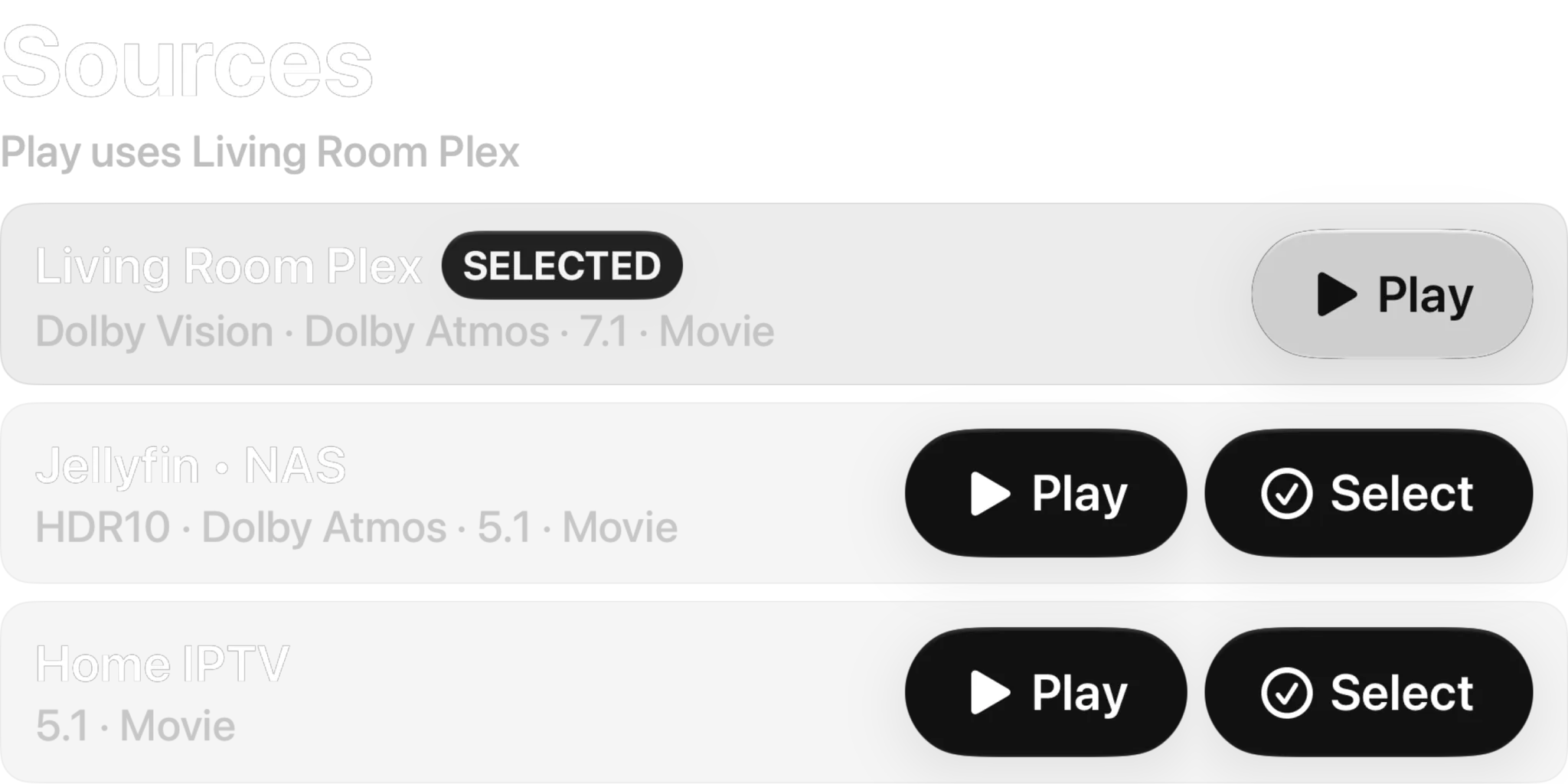 A film's Sources: Living Room Plex, Jellyfin • NAS and Home IPTV, with Living Room Plex selected, so Play uses it