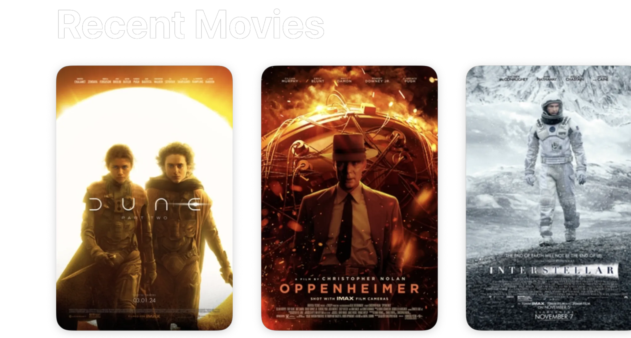 Recent Movies on Home: Dune: Part Two, Oppenheimer and Interstellar