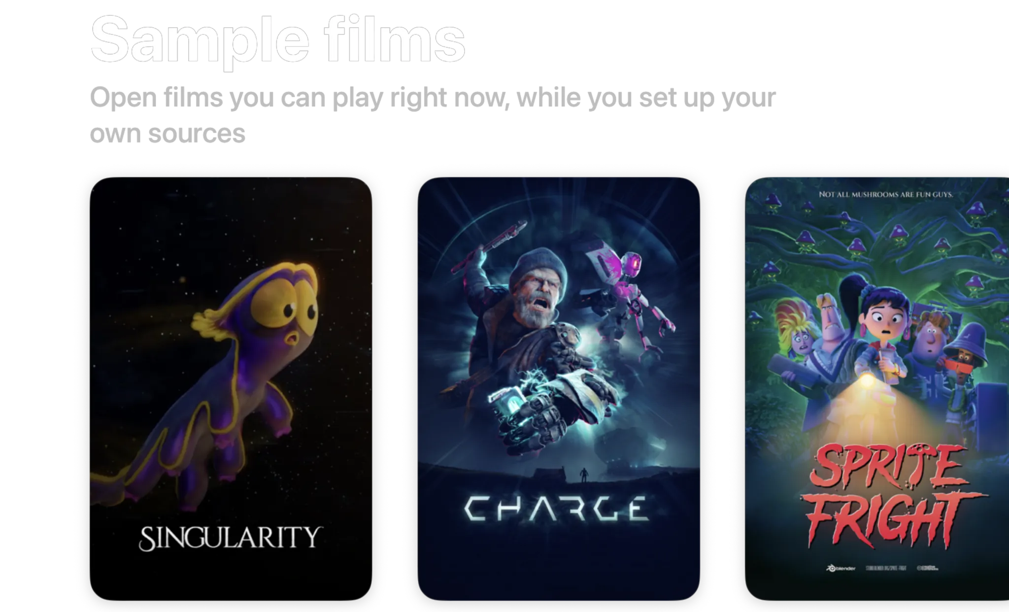 The Sample films row on a new install's Home: Singularity, Charge and Sprite Fright, with more to the right