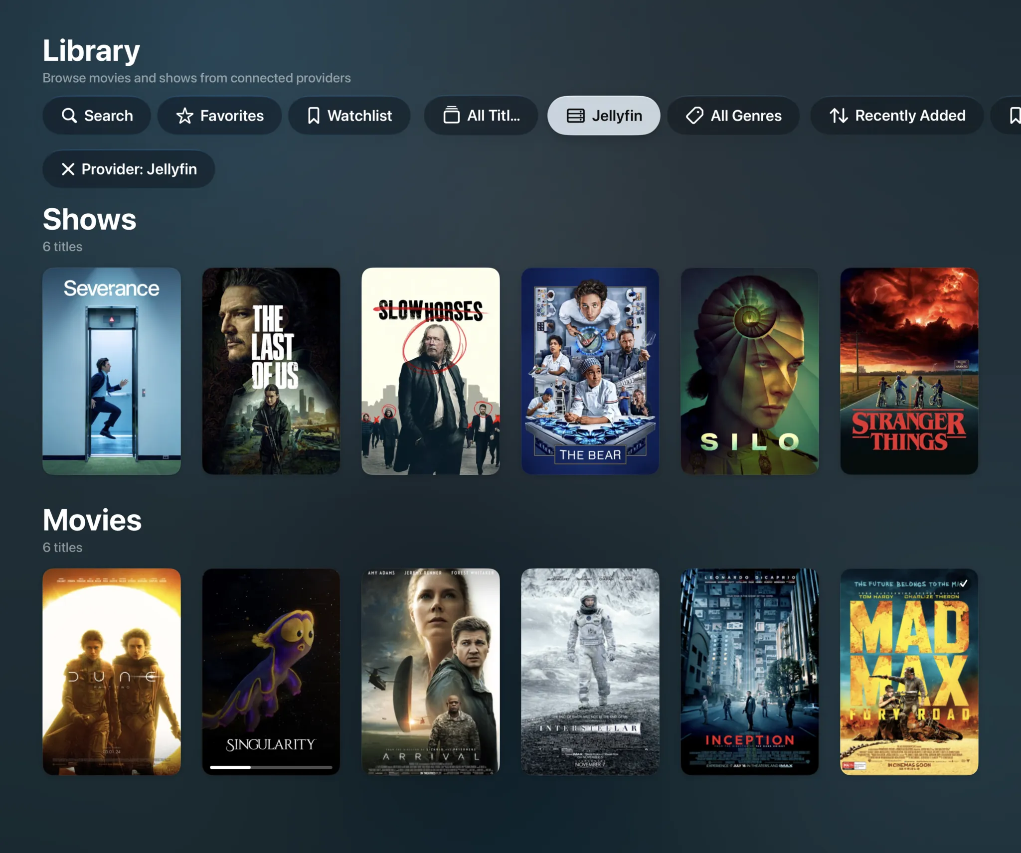 The Library filtered to Jellyfin: 6 shows, from Severance to Stranger Things, and 6 movies, from Dune: Part Two to Mad Max: Fury Road