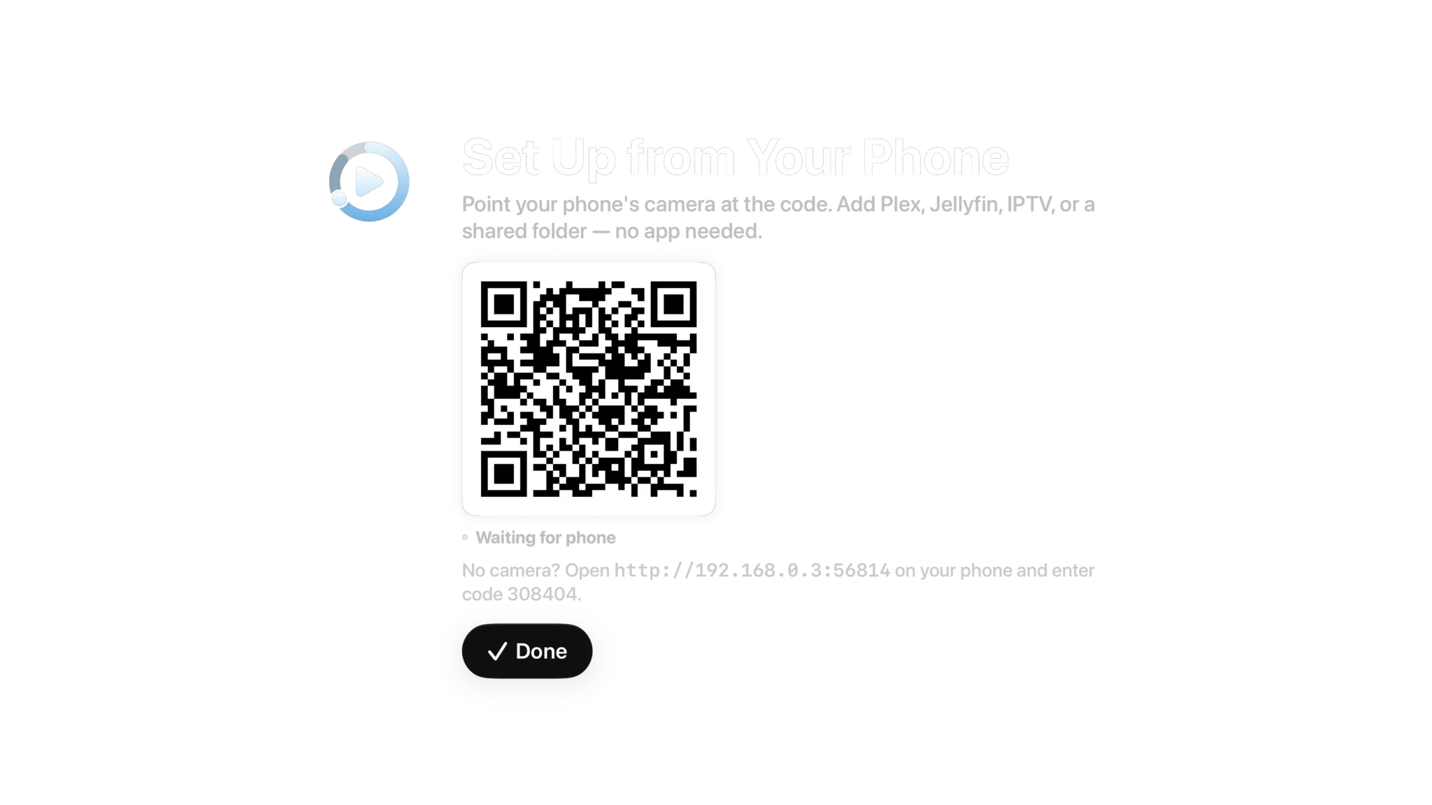 Set Up from Your Phone on Apple TV: a QR code, Waiting for phone, and an address and six-digit code for a phone without a camera