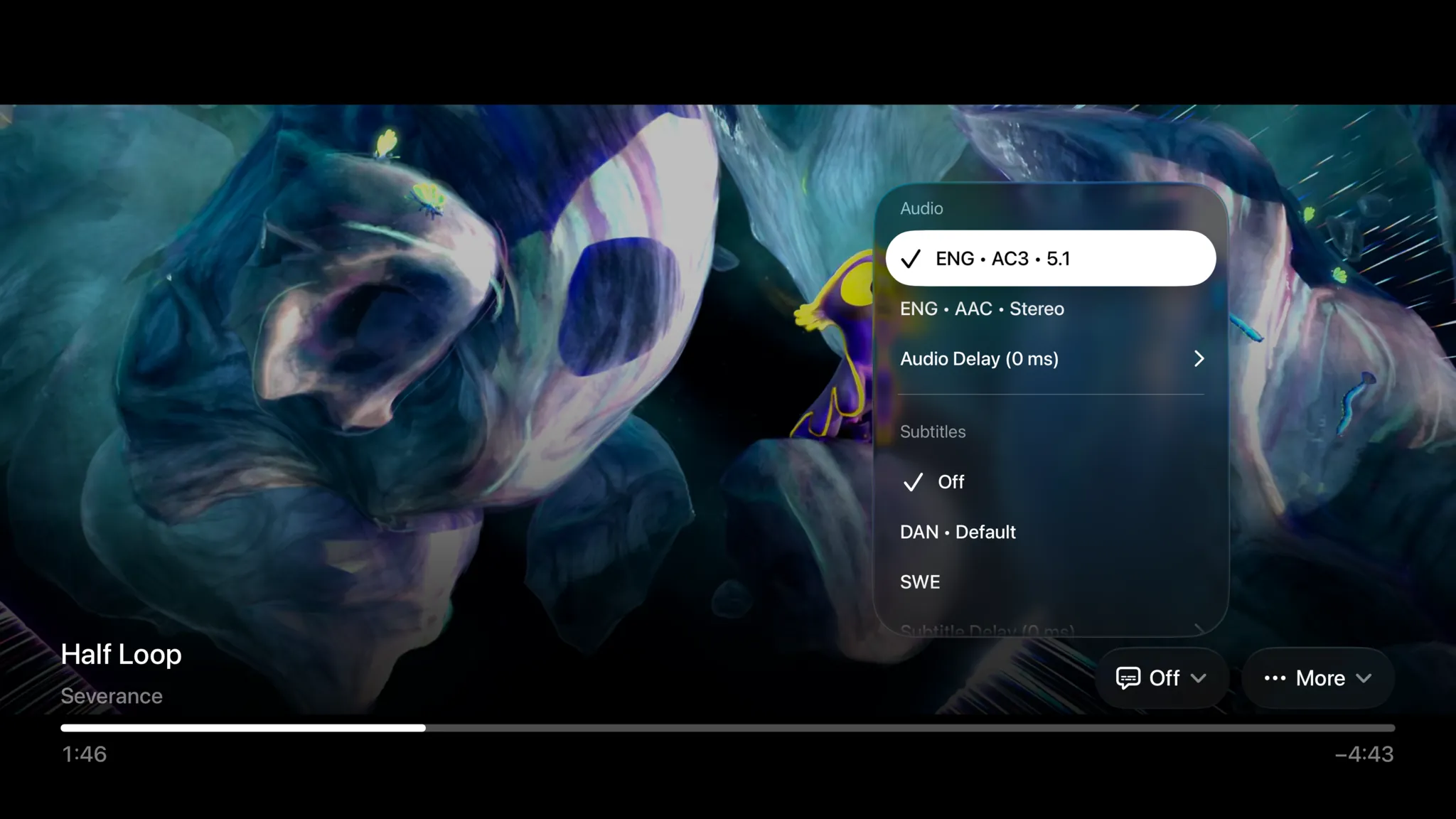 The player's track menu over Half Loop, an episode of Severance: audio set to ENG · AC3 · 5.1, subtitles off
