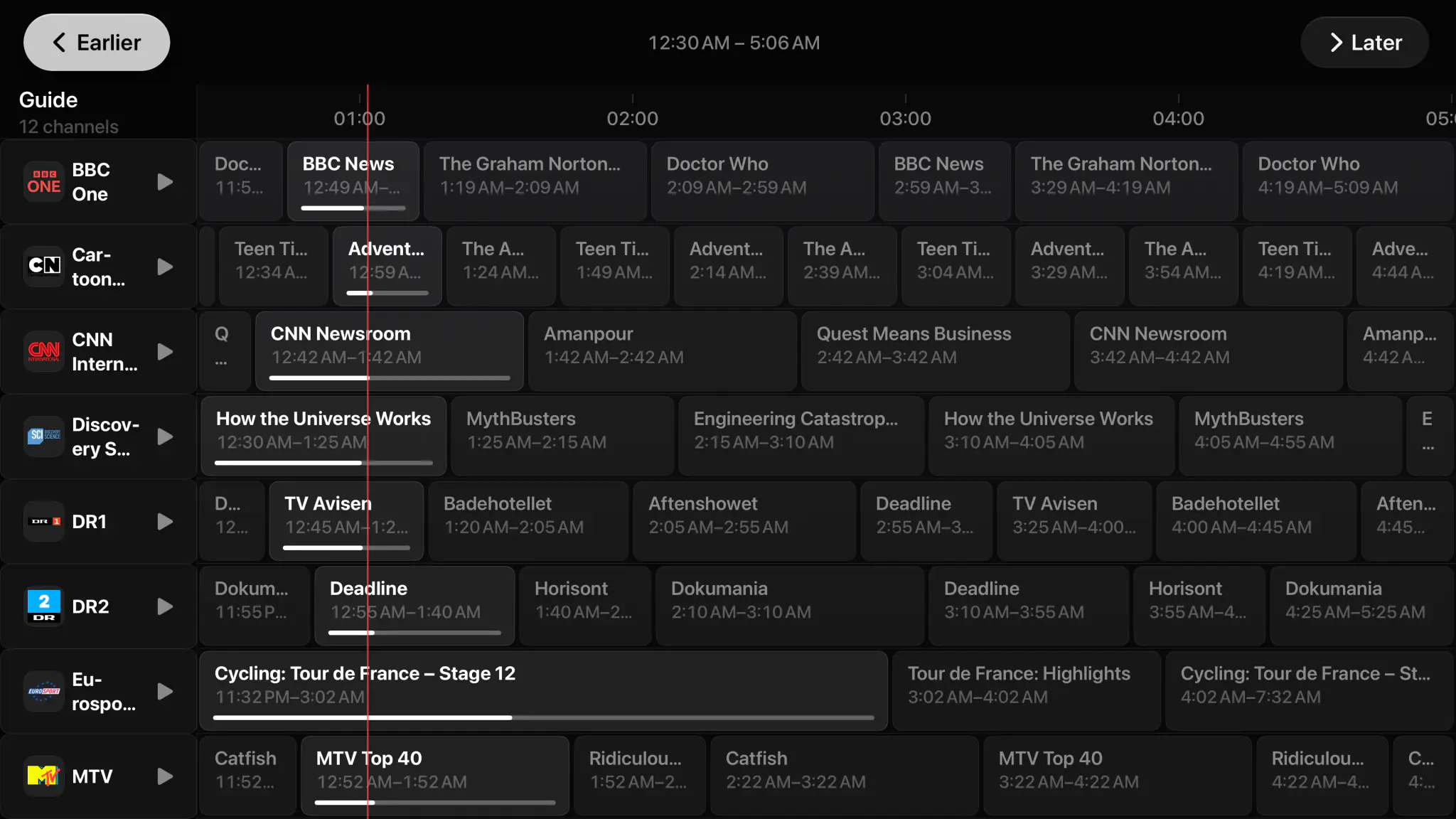 Spectati full program guide timeline across channels, with a now line running through the current programmes