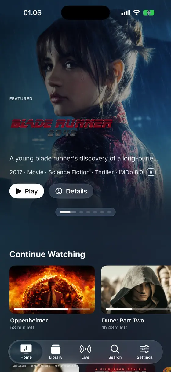 Spectati on iPhone: the Home screen with a featured title and a Continue Watching row