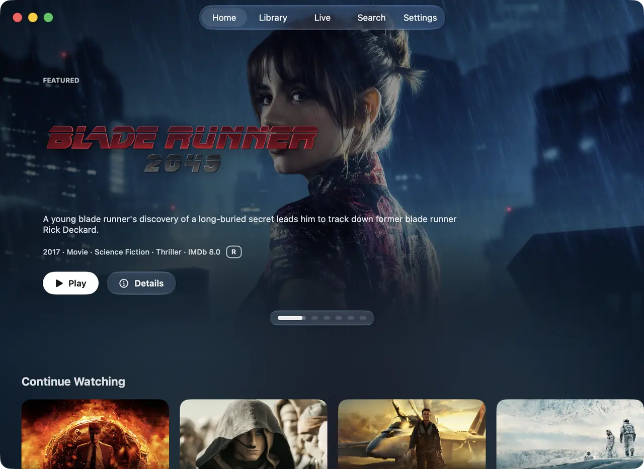 Spectati on macOS: the Home window with a featured title and a Continue Watching row